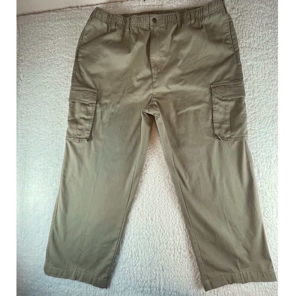 John Blair Mens Khaki Cargo Pants Tan Elastic Waist Cotton Blend 44M